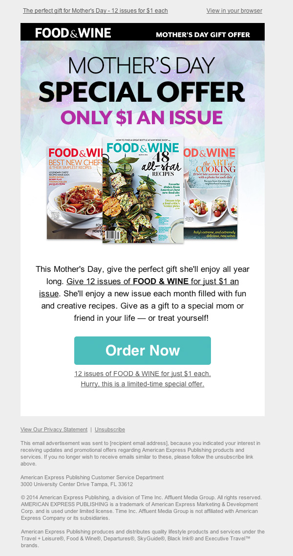 Food Wine Mothers Day Gift email