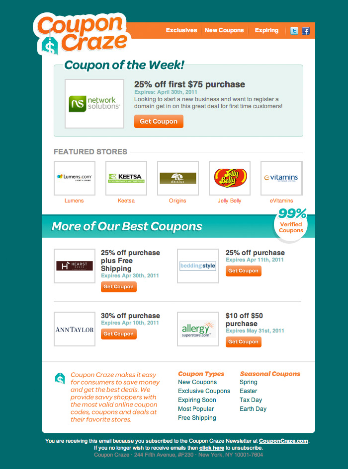 In the CouponCraze Weekly Coupons email elegant brand colors, a nice grid and good typography are on display. See the full-sized html email here.