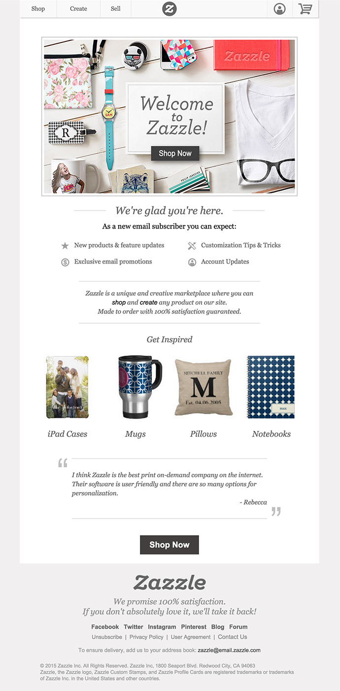 Zazzle Welcome email