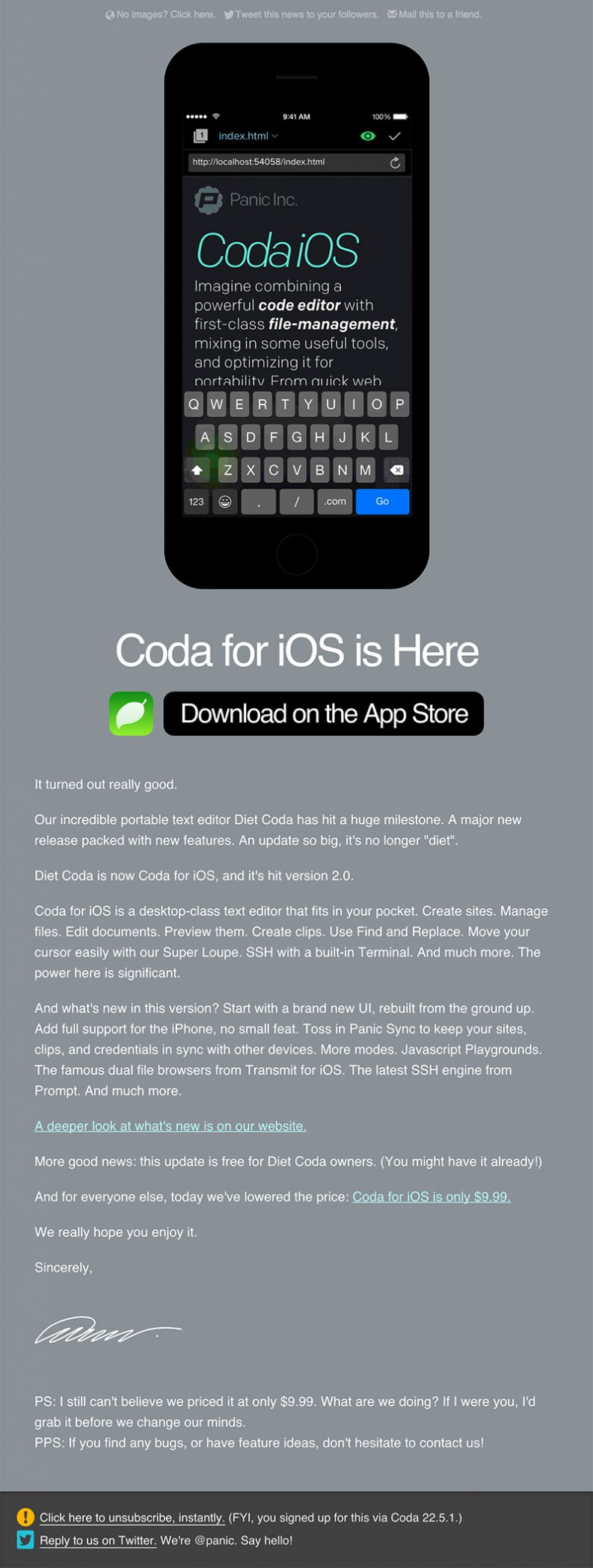 Coda for iOS Announcement email animated app