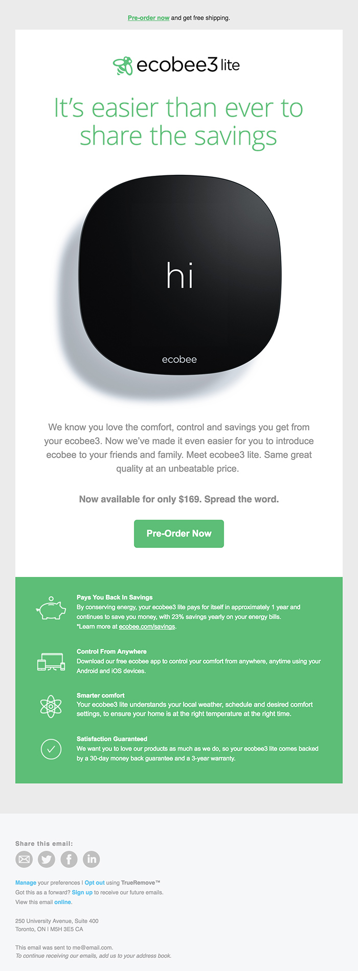 Simple single column email from Ecobee